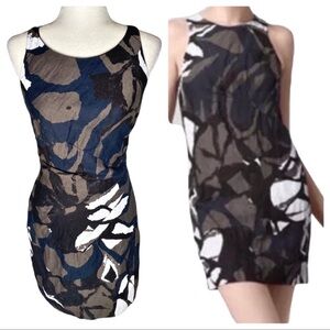 Vince Abstract Floral Tank Navy Blue White Black Painted Sheath Dress Size 10